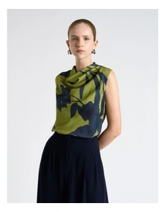 Shadow Floral Satin Cowl Neck Blouse in Green