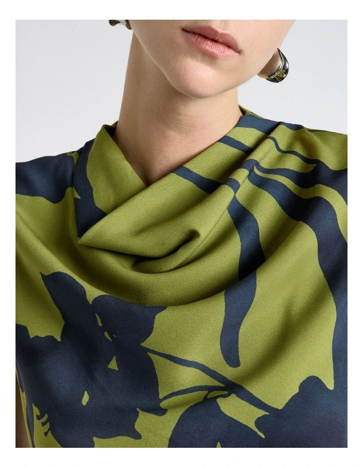 Shadow Floral Satin Cowl Neck Blouse in Green image 3