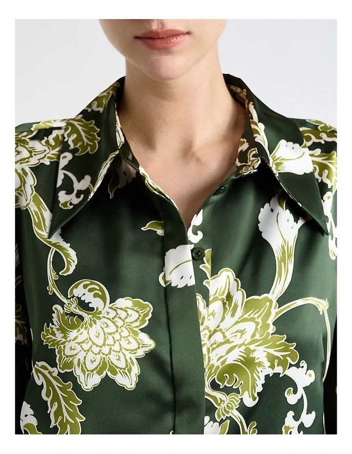 Chintz Floral Satin Shirt in Green image 3