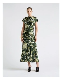 Chintz Floral Draped Midi Dress in Green