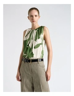 Shadow Floral Satin Gathered Neck Top in Cream