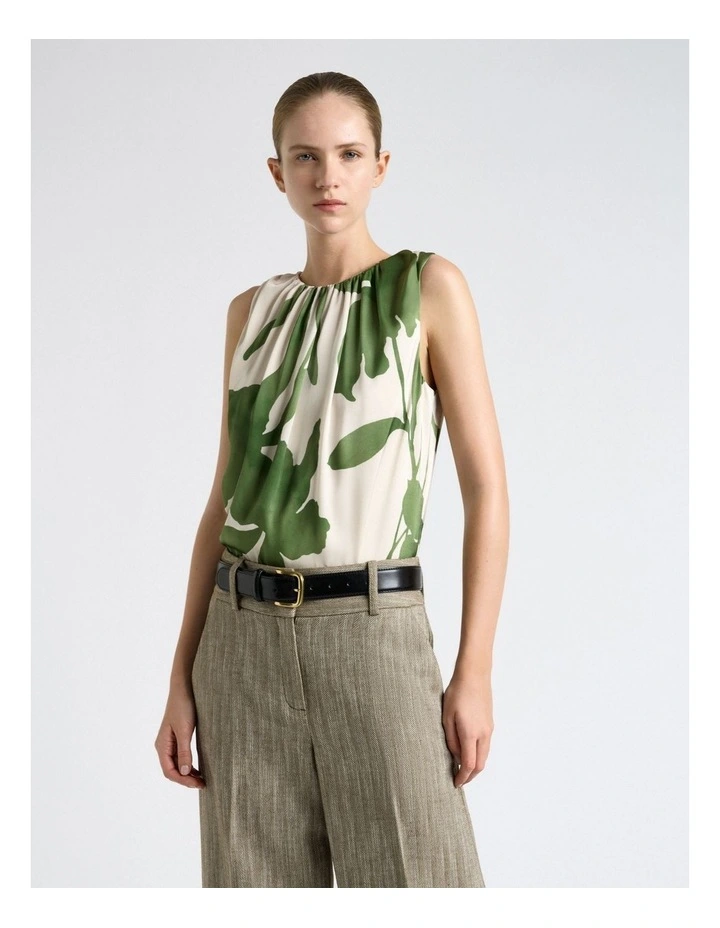 Shadow Floral Satin Gathered Neck Top in Cream image 1