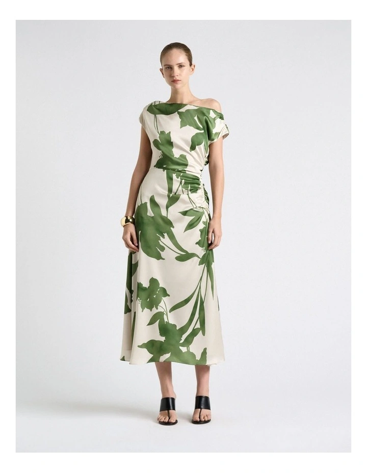 Shadow Floral Satin Draped Midi Dress in Cream image 1