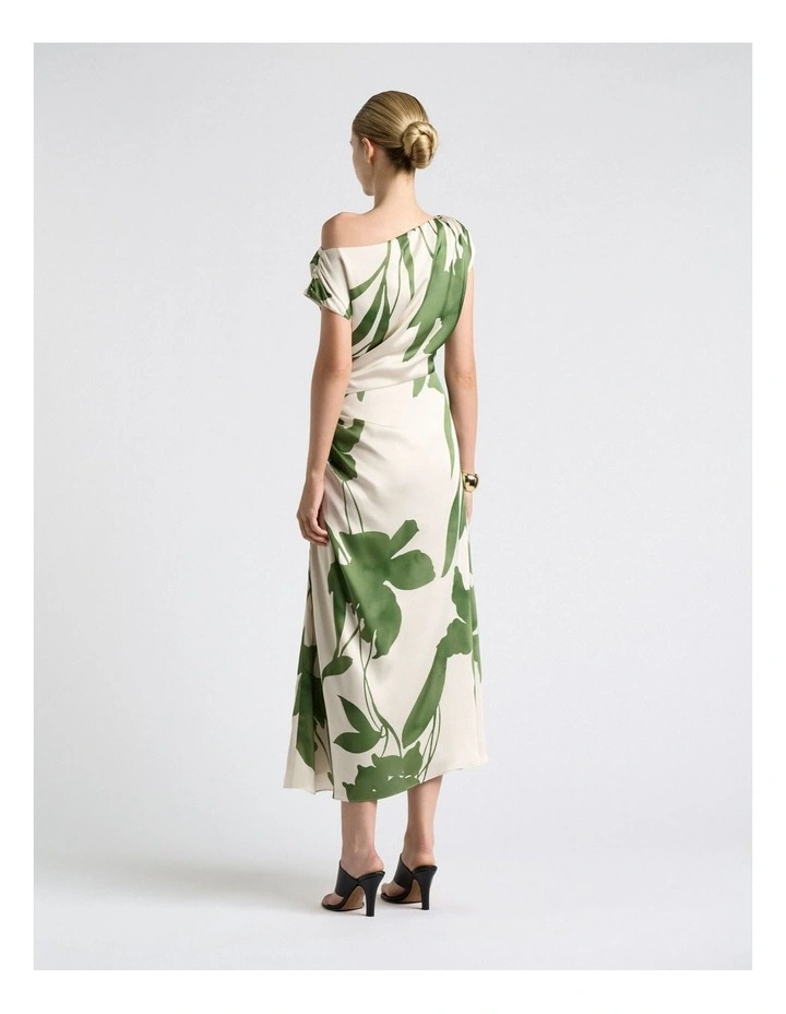 Shadow Floral Satin Draped Midi Dress in Cream image 2