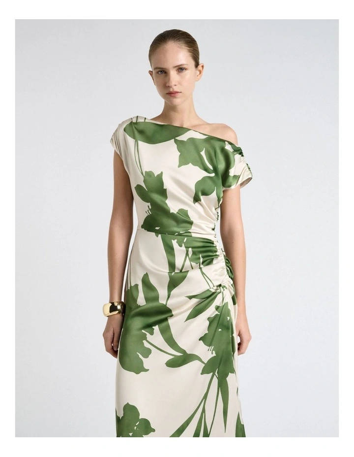 Shadow Floral Satin Draped Midi Dress in Cream image 3