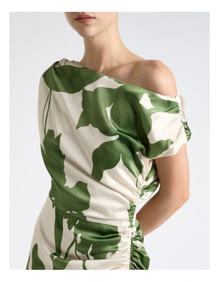 Shadow Floral Satin Draped Midi Dress in Cream image 4