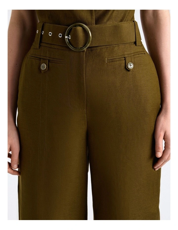 Linen Blend High Waisted Pant in Green image 3
