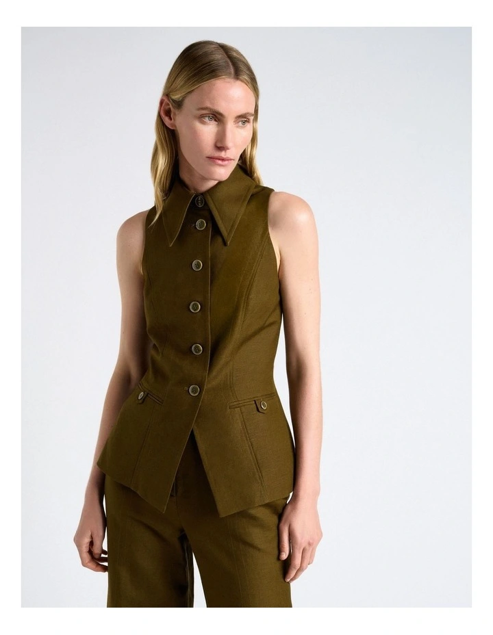 Linen Blend Fitted Waistcoat in Green image 1