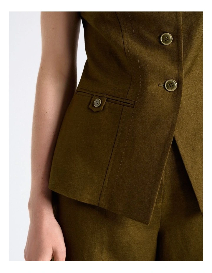 Linen Blend Fitted Waistcoat in Green image 3