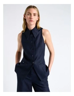 Linen Blend Fitted Waistcoat in Blue
