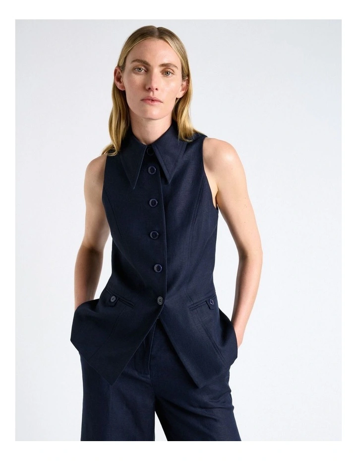 Linen Blend Fitted Waistcoat in Blue image 1
