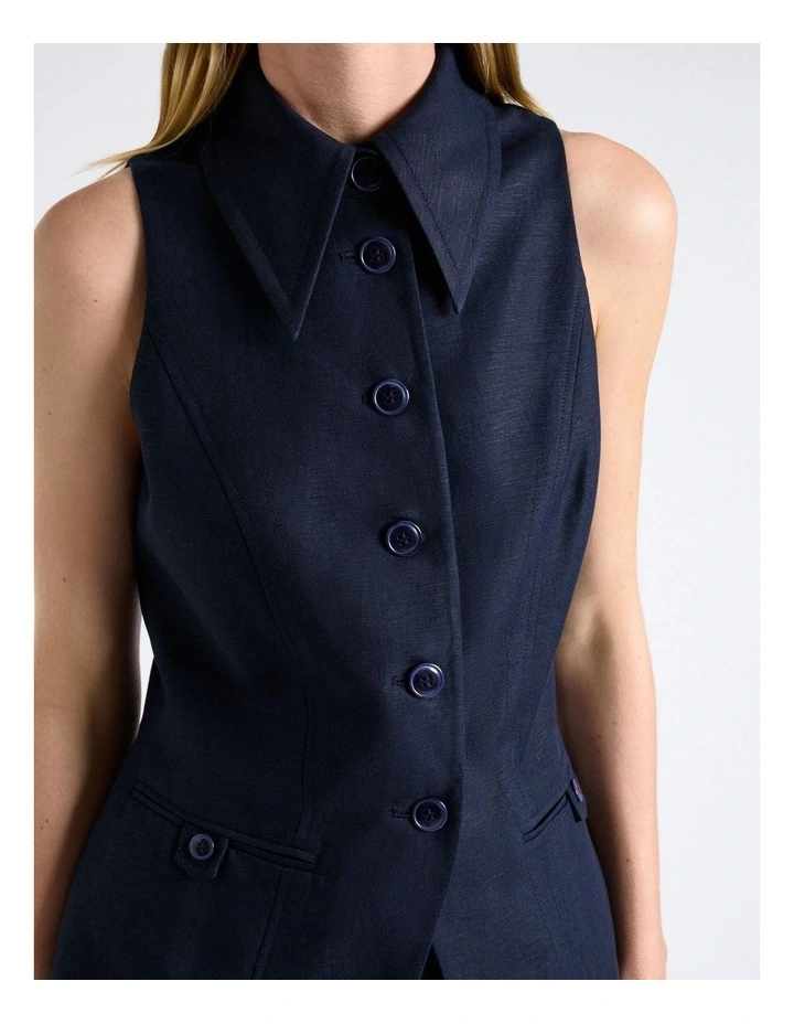 Linen Blend Fitted Waistcoat in Blue image 3