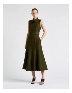 Linen Blend Sleeveless Shirt Midi Dress