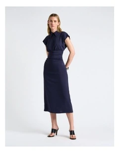 Stretch Viscose Collared Midi Dress in Blue