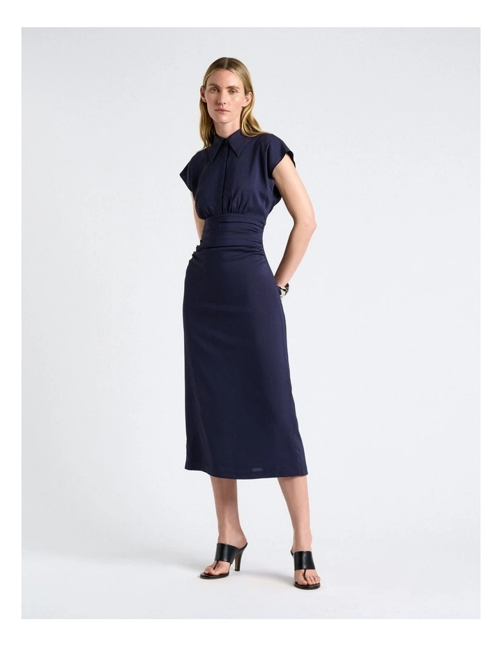 Stretch Viscose Collared Midi Dress in Blue image 1