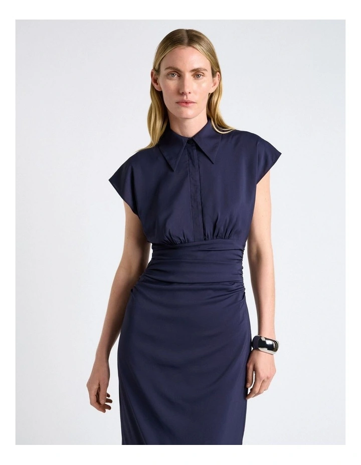 Stretch Viscose Collared Midi Dress in Blue image 3