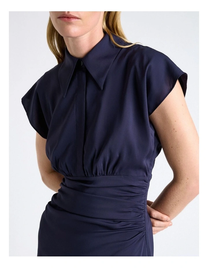 Stretch Viscose Collared Midi Dress in Blue image 4