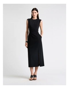Stretch Twill Buckle Midi Dress in Black