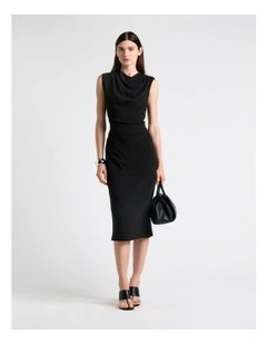 Stretch Viscose Drape Neck Pencil Dress in Black