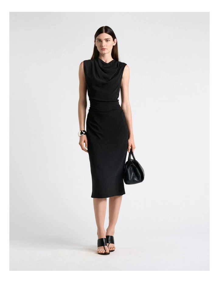 Stretch Viscose Drape Neck Pencil Dress in Black image 1
