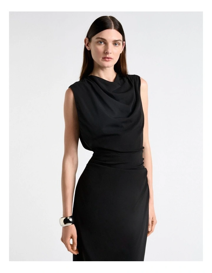 Stretch Viscose Drape Neck Pencil Dress in Black image 3