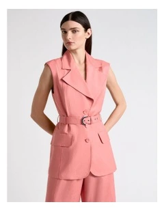 Linen Viscose Blend Belted Waistcoat in Pink