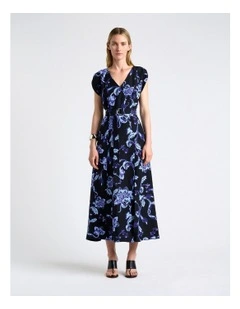 Chintz Floral Asymmetric Midi Dress in Blue