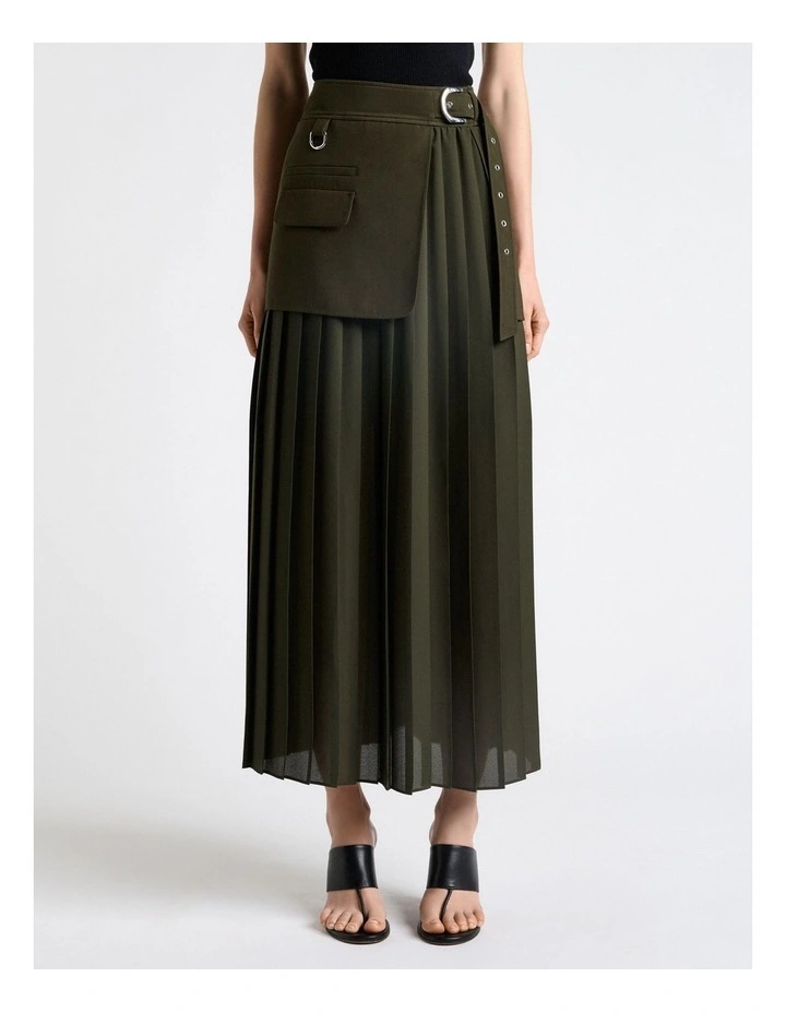 Olivine Viscose Twill Pleated Midi Skirt image 1