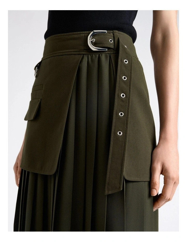 Olivine Viscose Twill Pleated Midi Skirt image 3