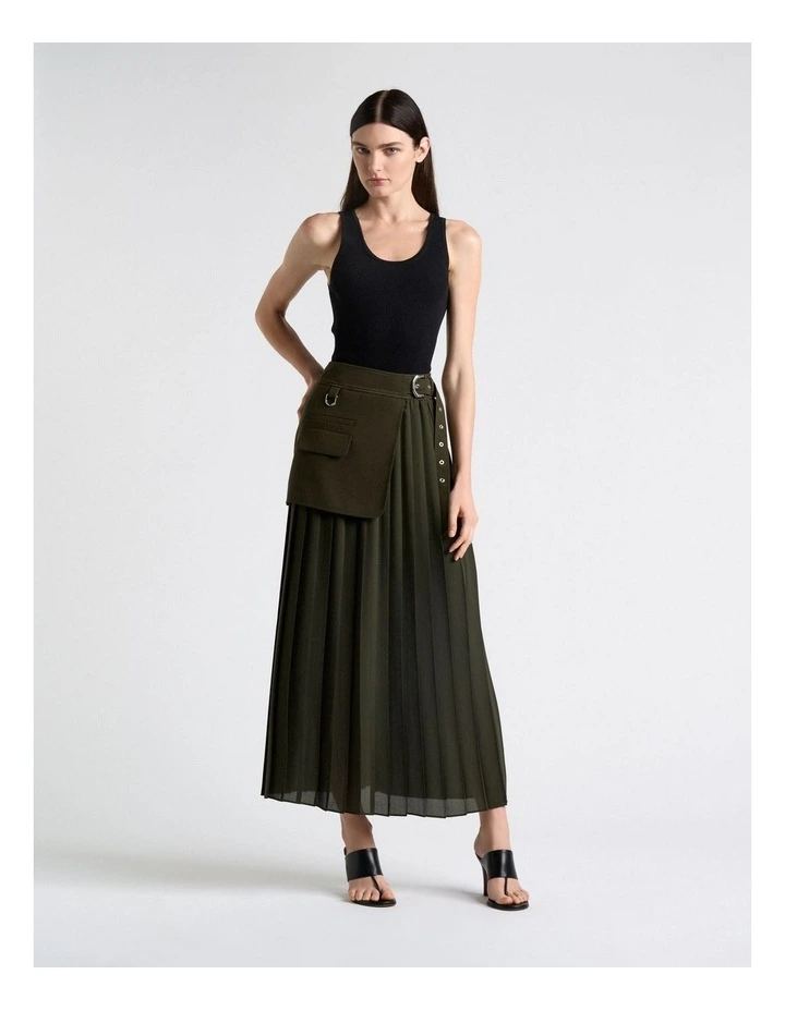 Olivine Viscose Twill Pleated Midi Skirt image 5