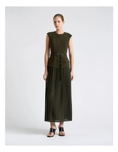 Viscose Twill Pleated Maxi Dress in Olivine