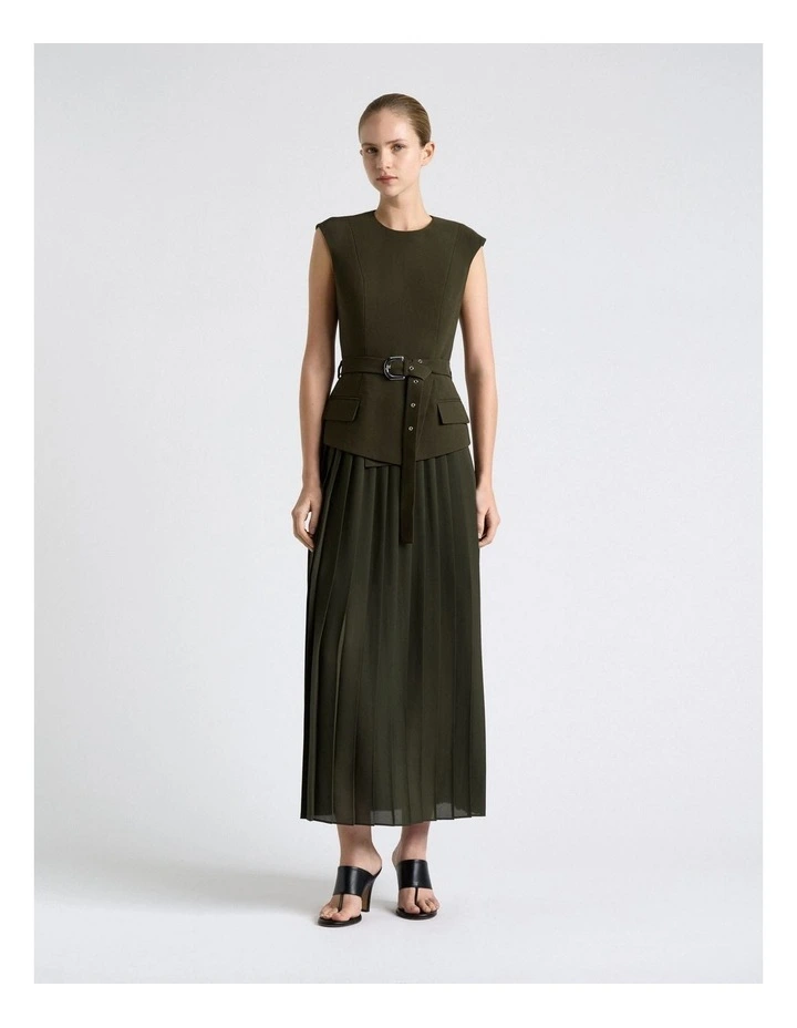 Viscose Twill Pleated Maxi Dress in Olivine image 1