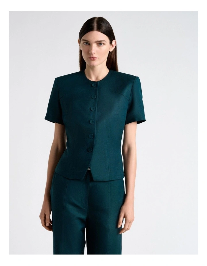 Linen Blend Button Top in Pine image 1