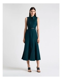 Pine Linen Blend Sleeveless Shirt Midi Dress in Green