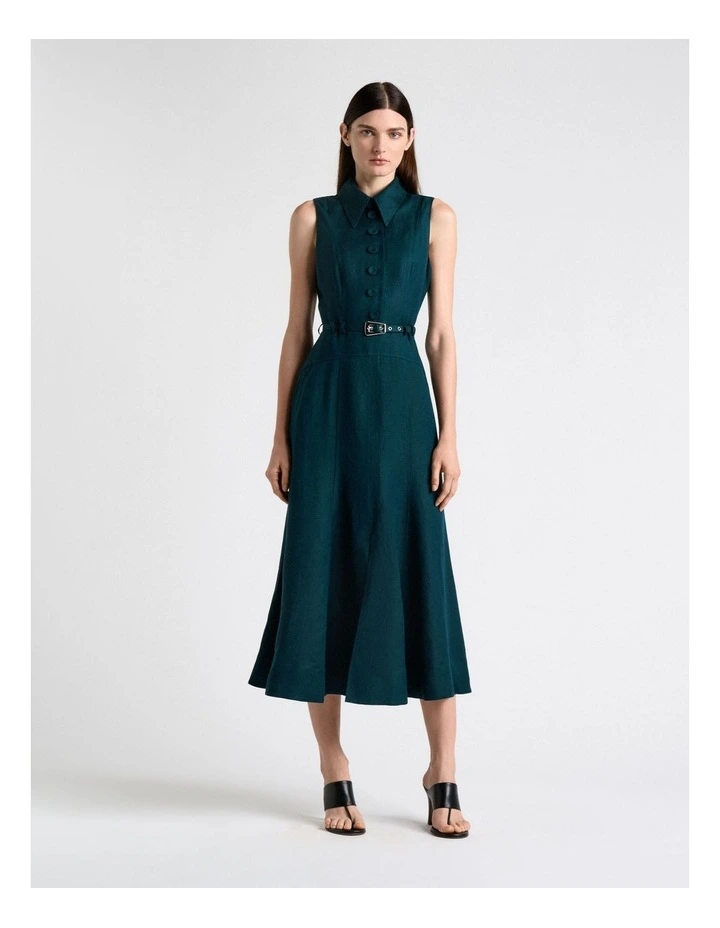 Pine Linen Blend Sleeveless Shirt Midi Dress in Green image 1