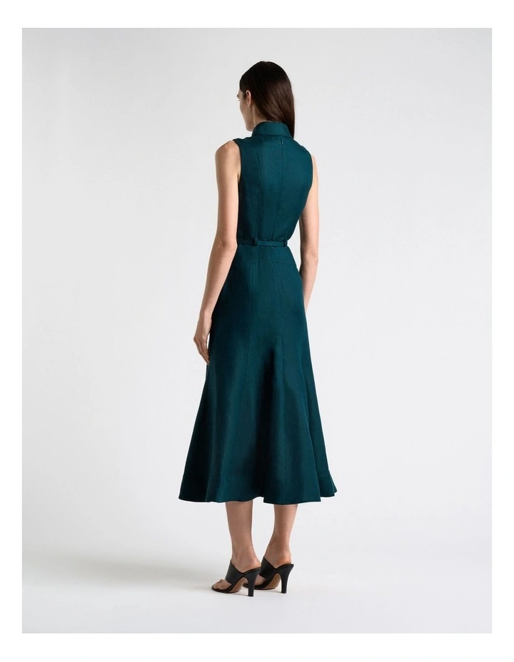 Pine Linen Blend Sleeveless Shirt Midi Dress in Green image 2