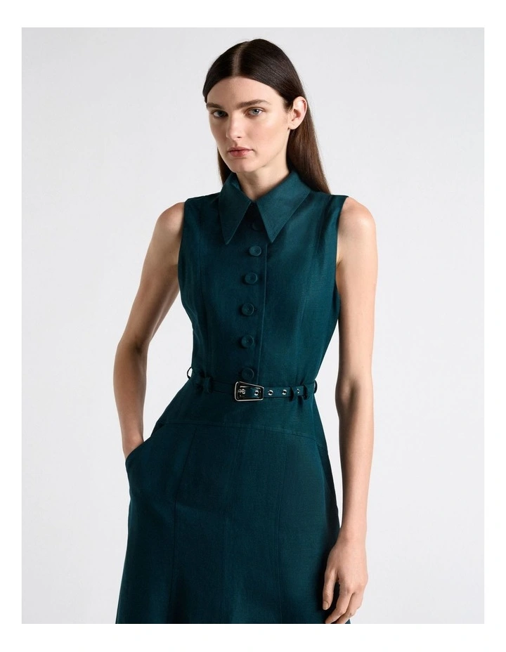 Pine Linen Blend Sleeveless Shirt Midi Dress in Green image 3