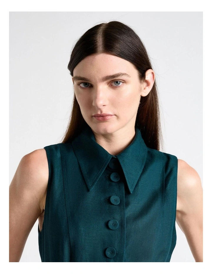 Pine Linen Blend Sleeveless Shirt Midi Dress in Green image 5