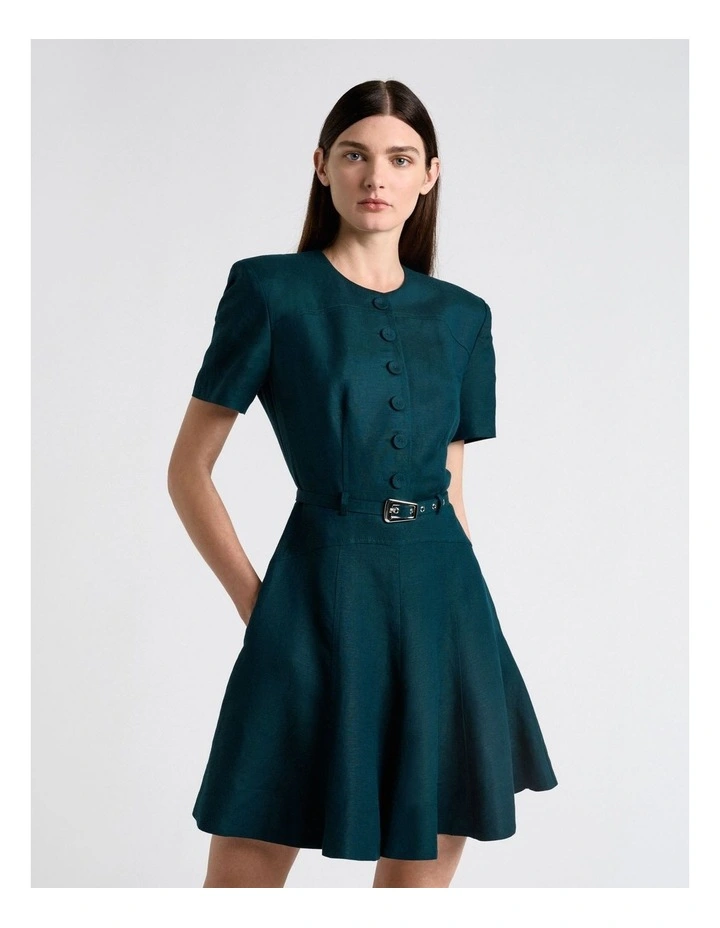 Pine Linen Blend Flippy Mini Dress in Green image 3