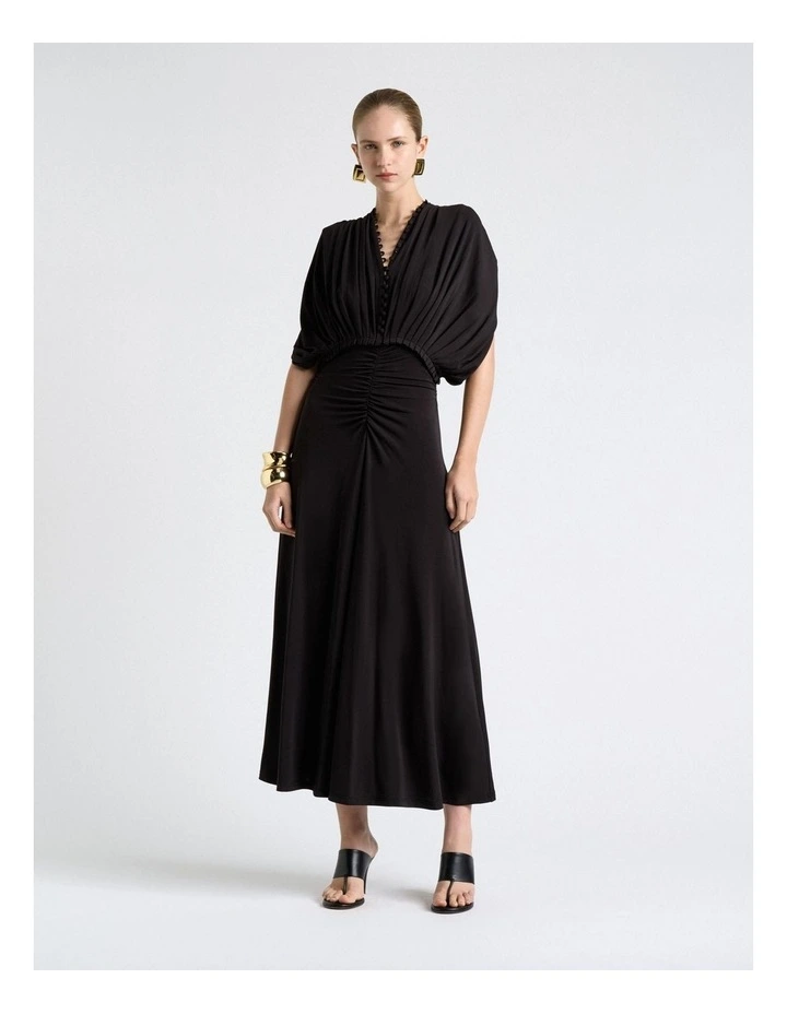 Jersey Pleated Ruched Midi Dress in Black image 1