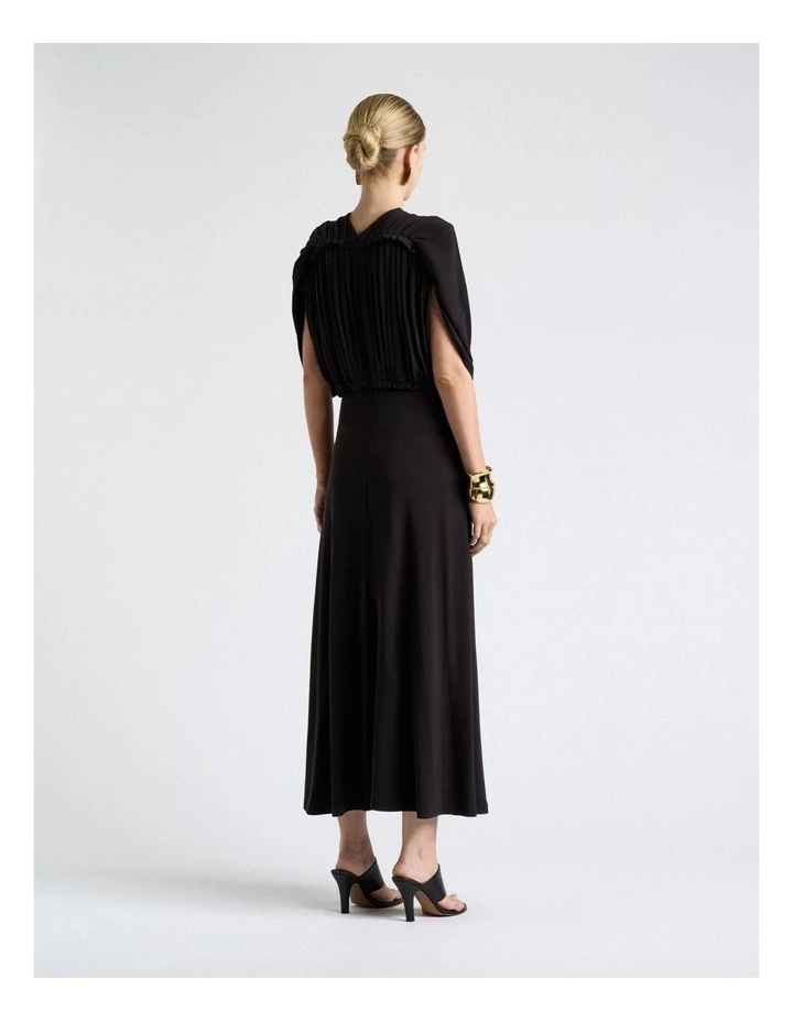 Jersey Pleated Ruched Midi Dress in Black image 2