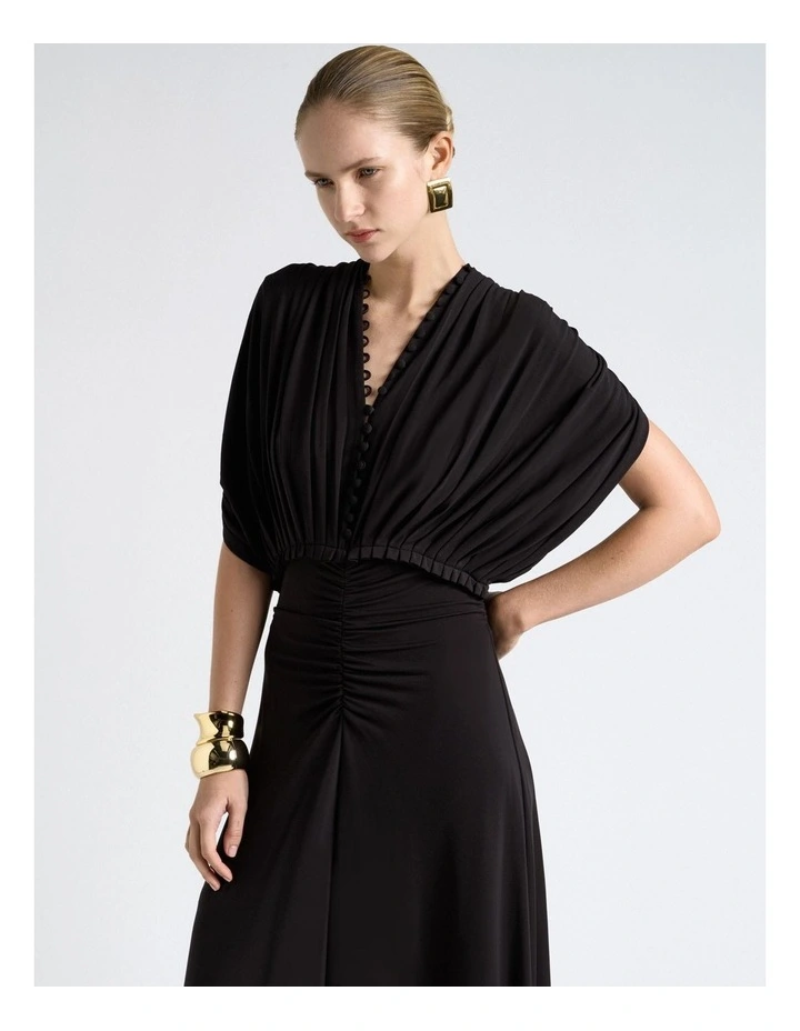 Jersey Pleated Ruched Midi Dress in Black image 3