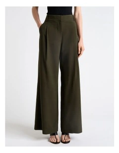Olivine Viscose Twill Pleated Wide Leg Pant