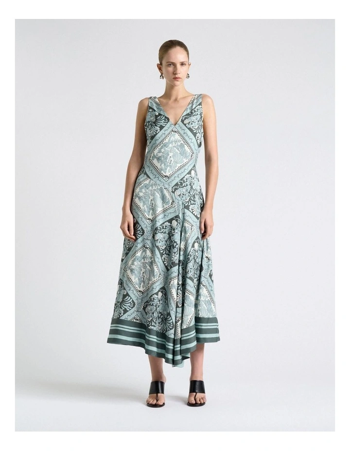 Ornate Tile V-Neck Midi Dress in Green image 1