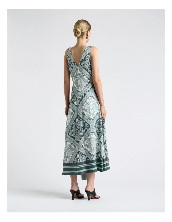 Ornate Tile V-Neck Midi Dress in Green image 2