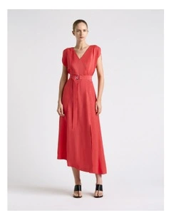 Belted V-Neck Midi Dress in Pink