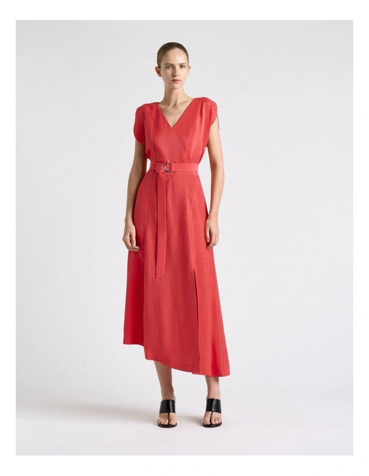 Belted V-Neck Midi Dress in Pink image 1