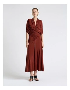 Jersey Pleated Ruched Midi Dress in Red