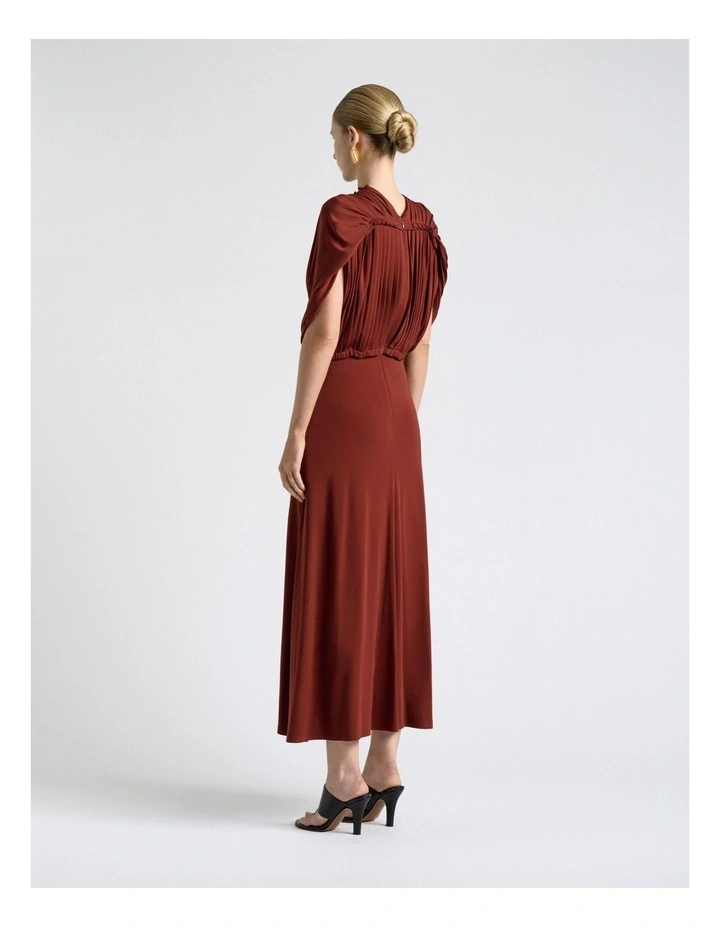 Jersey Pleated Ruched Midi Dress in Red image 2