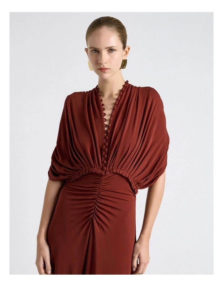 Jersey Pleated Ruched Midi Dress in Red image 3